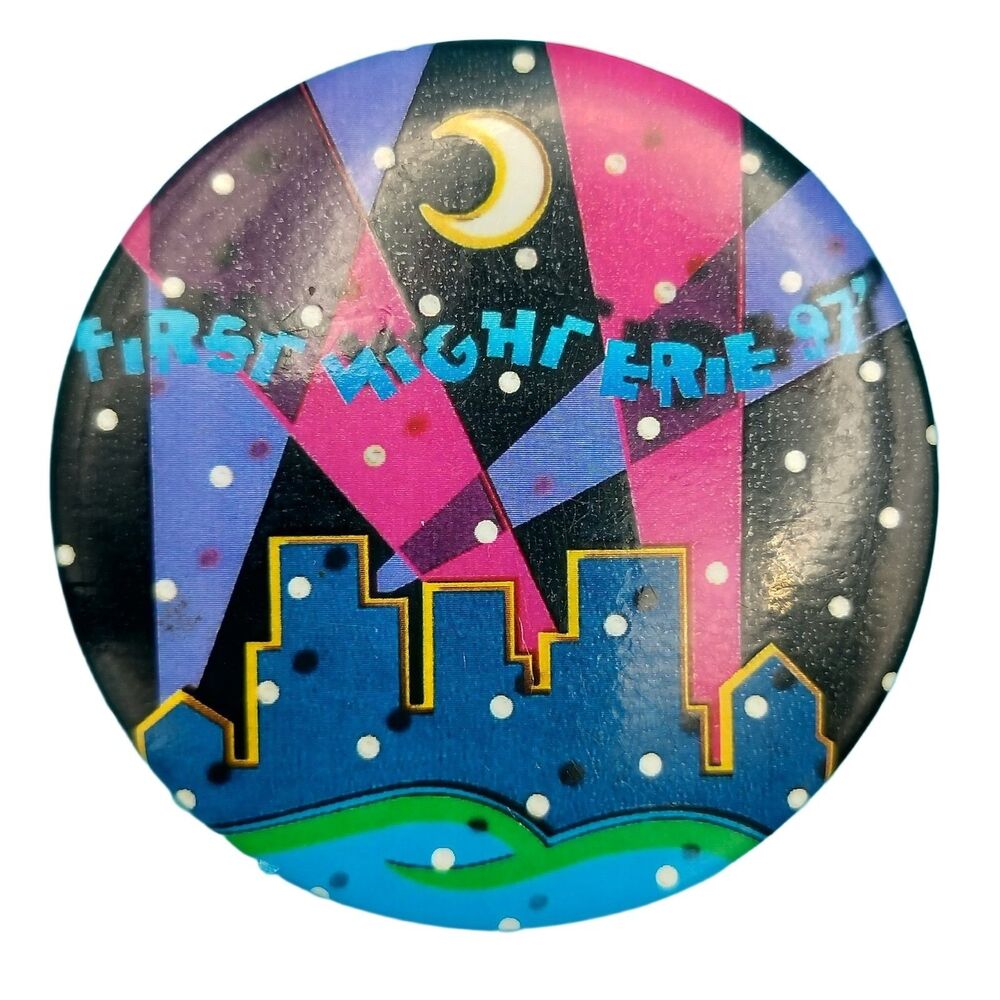 Fright Night Erie Pinback Button Pin 1997 Vintage 90s Skyline Moon Pennsylvania